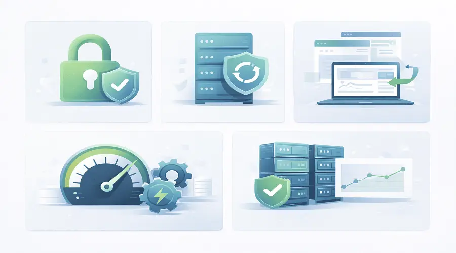 Web hosting features including security backups and performance