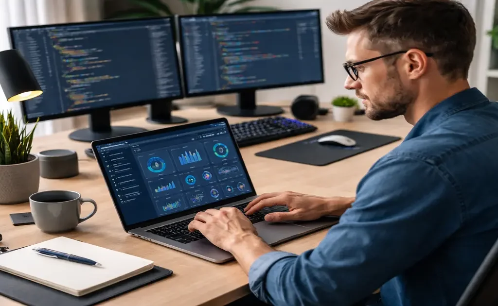 Web developer working on a laptop using Hostinger dashboard for the best web hosting for developers in the USA.