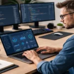 Web developer working on a laptop using Hostinger dashboard for the best web hosting for developers in the USA.