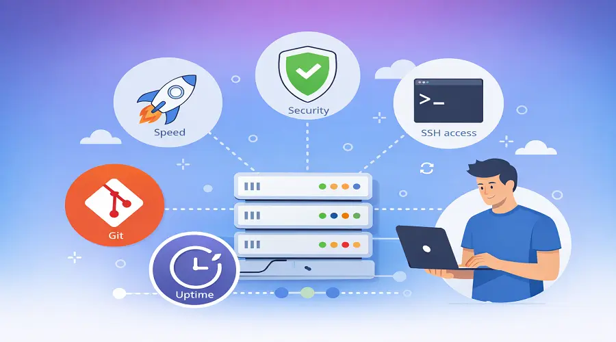 Best Web Hosting for Developers in the USA (Freelancers & Client Sites) 2 Web developer working on a laptop using Hostinger dashboard for the best web hosting for developers in the USA