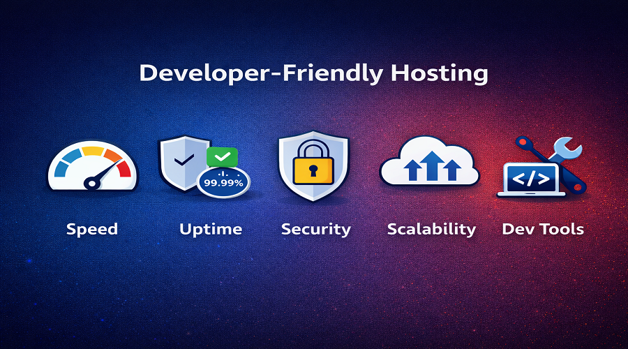 Developer-friendly web hosting features including speed, uptime, security, scalability, and developer tools for freelance developers