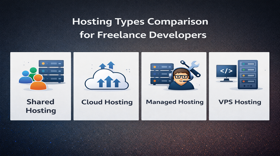 Comparison of shared hosting, cloud hosting, managed hosting, and VPS hosting for freelance web developers